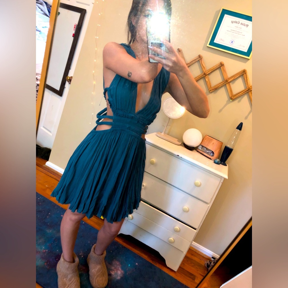 Vintage Free People Cut Out Dress XS Mini Sundress Flowy Loose Deep V
